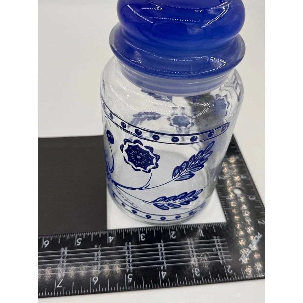 Anchor Hocking Glass Pietro Gobeo Set Of 3 Blue Kitchen Canister Flower 1970s